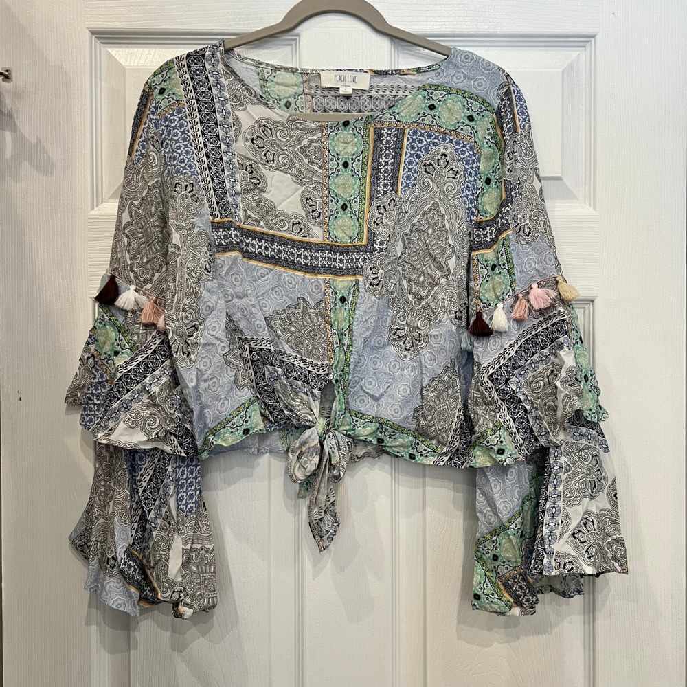 Peach Love Crop Top Rayon Bell Sleeve Paisley Boho Hippie Gypsy Eclectic S